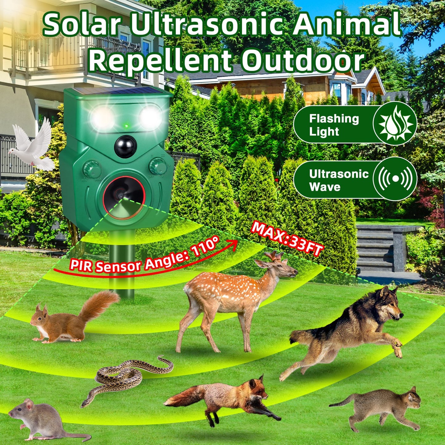 Ultrasonic Animal Repeller, Solar Powered Cat Repellent Outdoor with Motion Sensor Waterproof Deer Repellent Devices with LED Flash Light