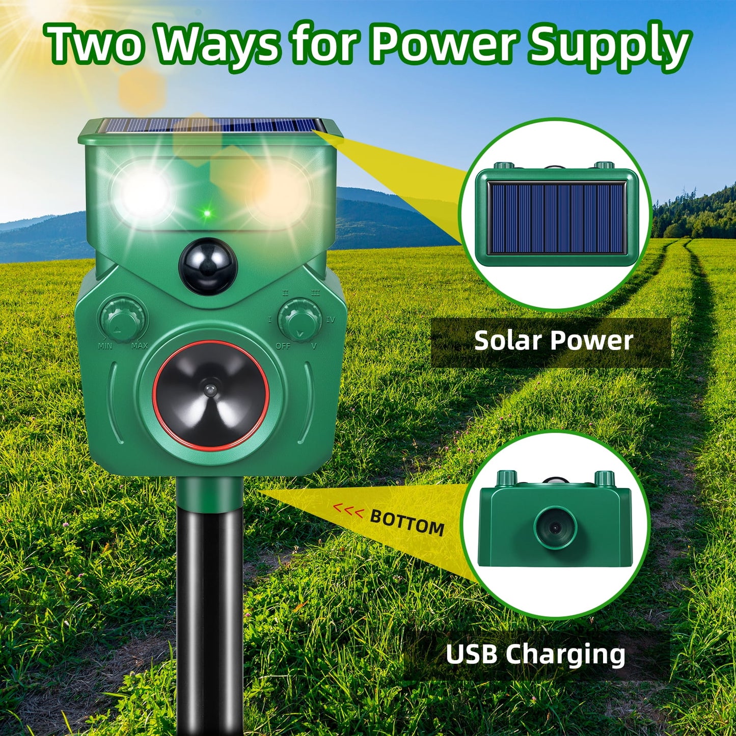 Ultrasonic Animal Repeller, Solar Powered Cat Repellent Outdoor with Motion Sensor Waterproof Deer Repellent Devices with LED Flash Light