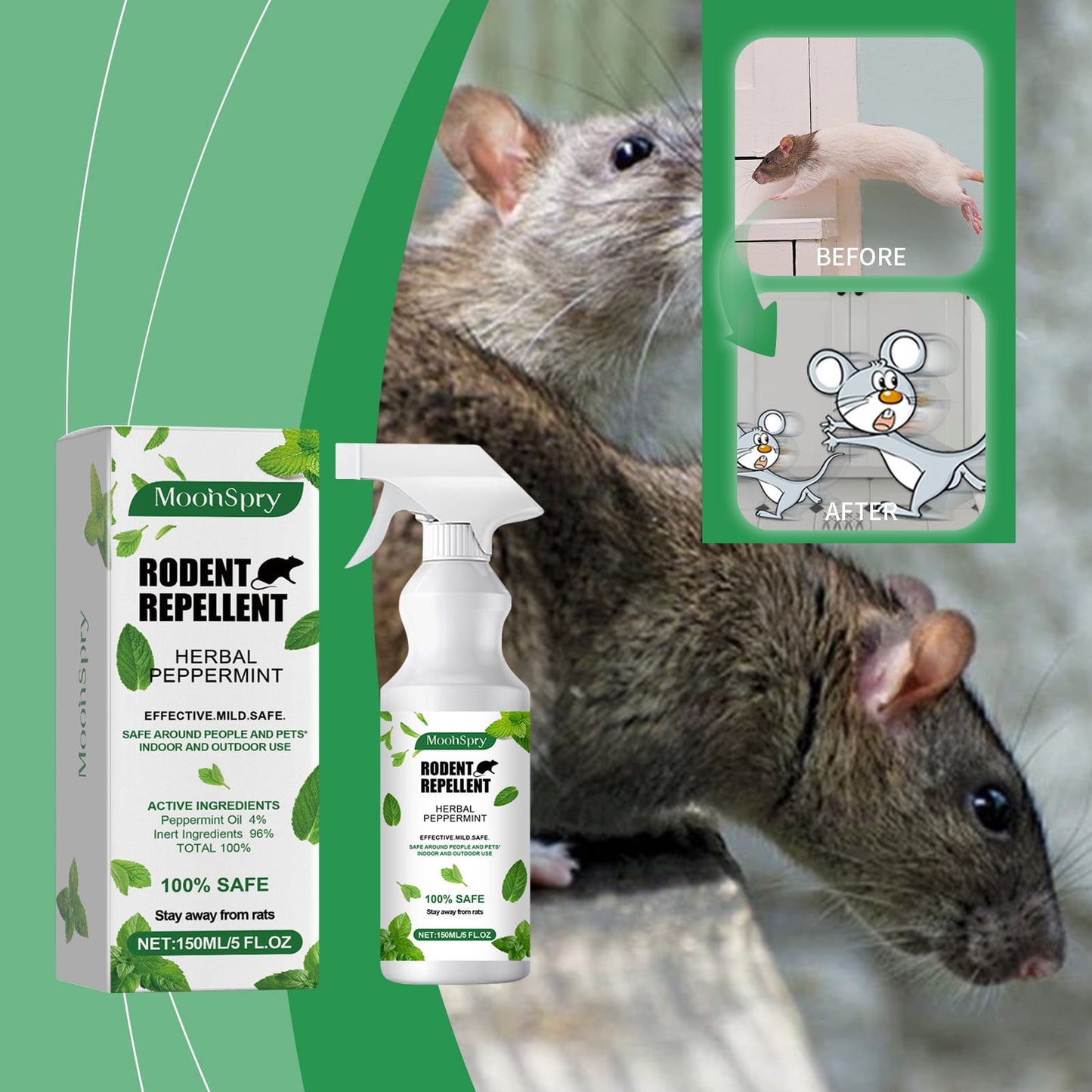 Kqiang Mint-Scented Mouse Repellent Spray, 150ml Natural Insect Spray for Rodent Control and Prevention, 2 Pack
