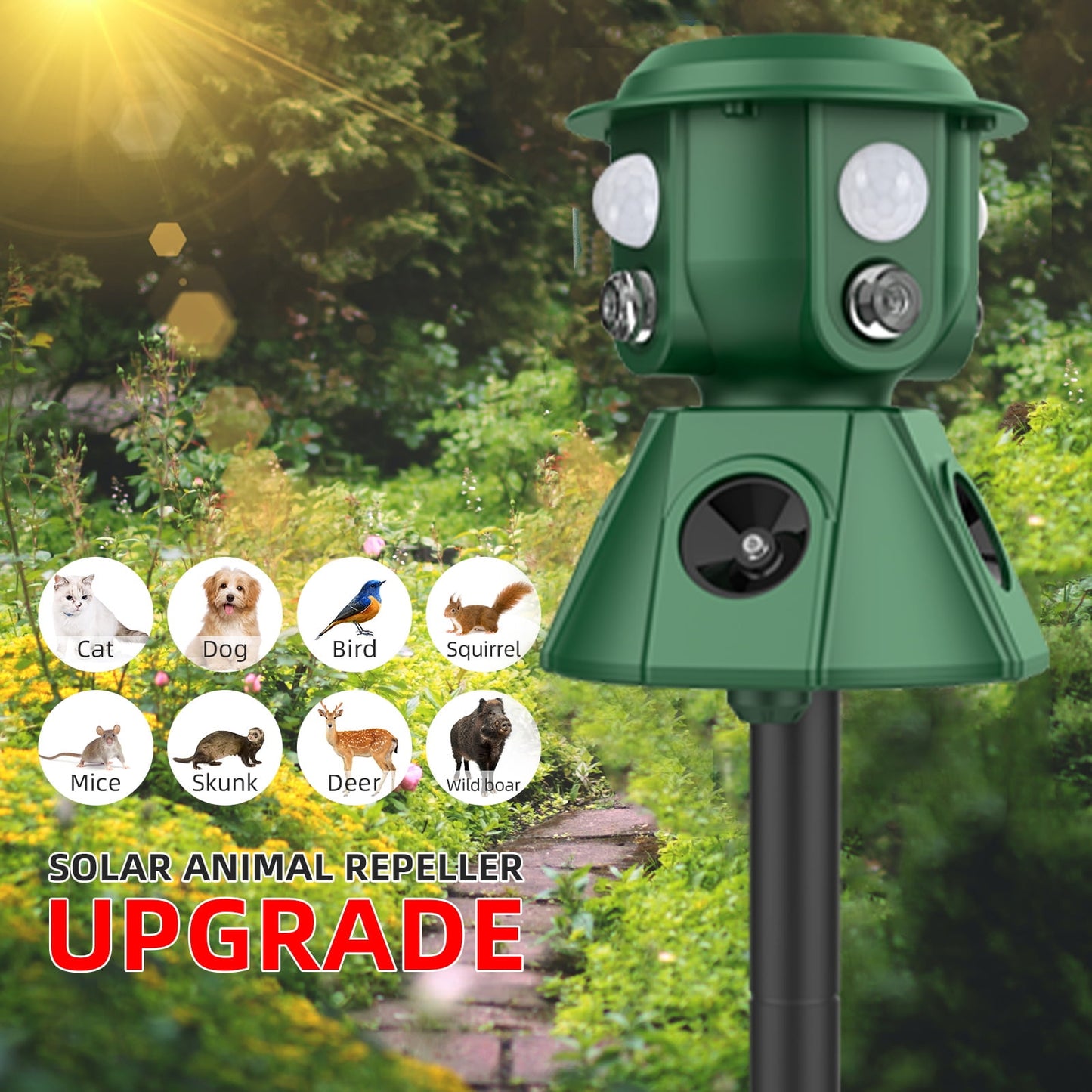 Solar Ultrasonic Animal Repeller, 360 All Round Cat Repellent Outdoor Motion Detection Animal Deterrent Devices for Skunk Squirrel Raccoon