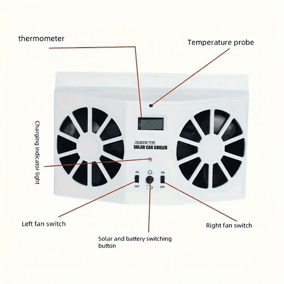 Car Cooling Fan Solar Powered Vehicle Window Dual Fans 2 AA*1200mAh Car Cooler Airflow White