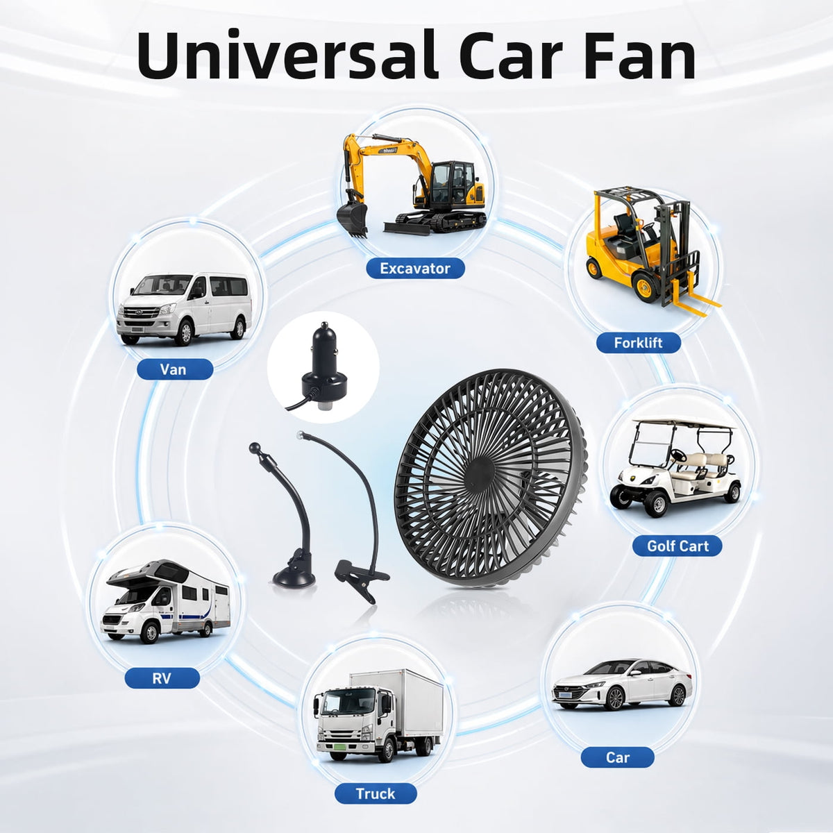 8 Inch Portable Car Fan,12V/24V Universal Electric Vehicle Fan with Stepless Speed Control 2-in-1 Suction Cup & Clamp 360° Rotation for Car SUV RV Van Sedan