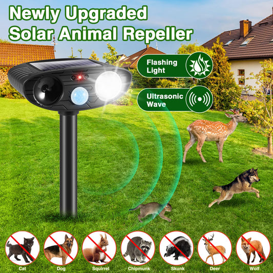 2Pack Solar Ultrasonic Animal Repellent Outdoor Cat Deterrent Solar Animal Repeller with Motion Sensor&LED Strobe Light Deer Repellent to Scare Squirrel Dog Bird Rabbit Skunk Repellent for Yard