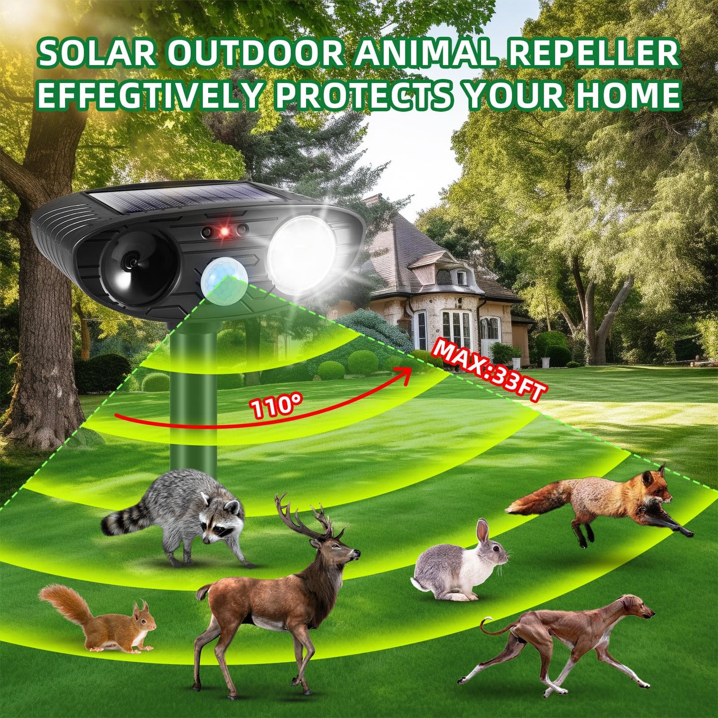 2Pack Solar Ultrasonic Animal Repellent Outdoor Cat Deterrent Solar Animal Repeller with Motion Sensor&LED Strobe Light Deer Repellent to Scare Squirrel Dog Bird Rabbit Skunk Repellent for Yard