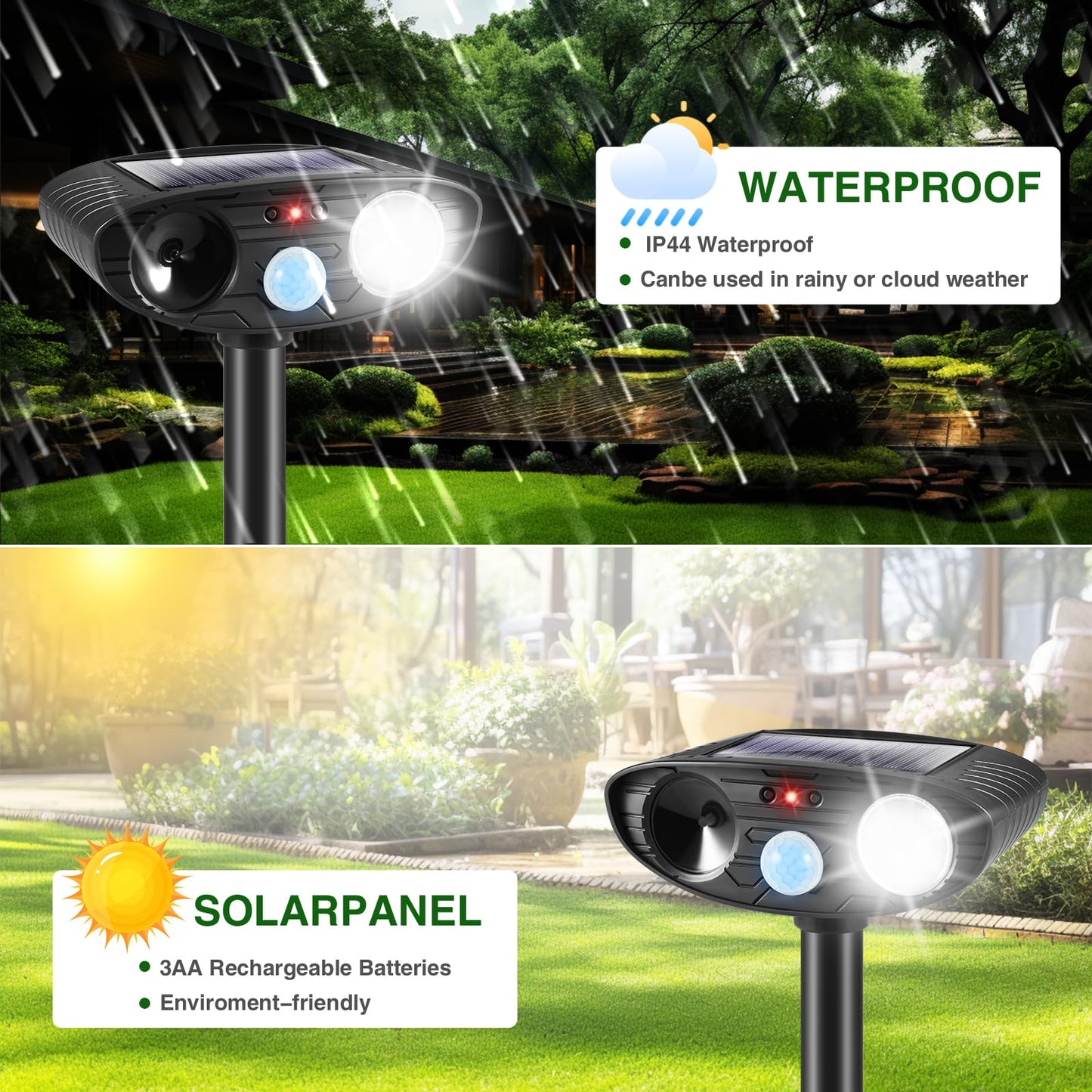 2Pack Solar Ultrasonic Animal Repellent Outdoor Cat Deterrent Solar Animal Repeller with Motion Sensor&LED Strobe Light Deer Repellent to Scare Squirrel Dog Bird Rabbit Skunk Repellent for Yard