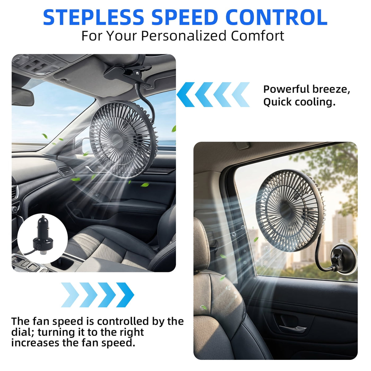 8 Inch Portable Car Fan,12V/24V Universal Electric Vehicle Fan with Stepless Speed Control 2-in-1 Suction Cup & Clamp 360° Rotation for Car SUV RV Van Sedan