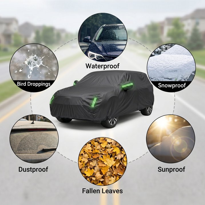 Waterproof SUV Car Cover All Weather, Heavy Duty Outdoor Protection with Cotton Liner & Zipper Door, UV/Snow/Rain Resistant for Compact to Mid-Size SUVs (Includes Storage Bag)