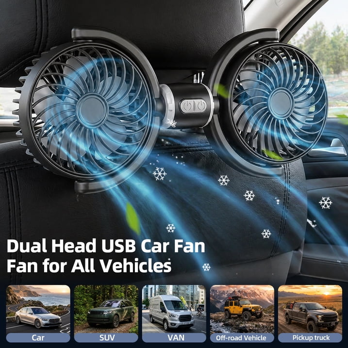 Dual Head USB Car Seat Fan,270° Rotatable 3 Speeds Air Circulation Fans with Adjustable Clip Suitable for Rear Seat Passenger and Pets for SUV RV Vehicles