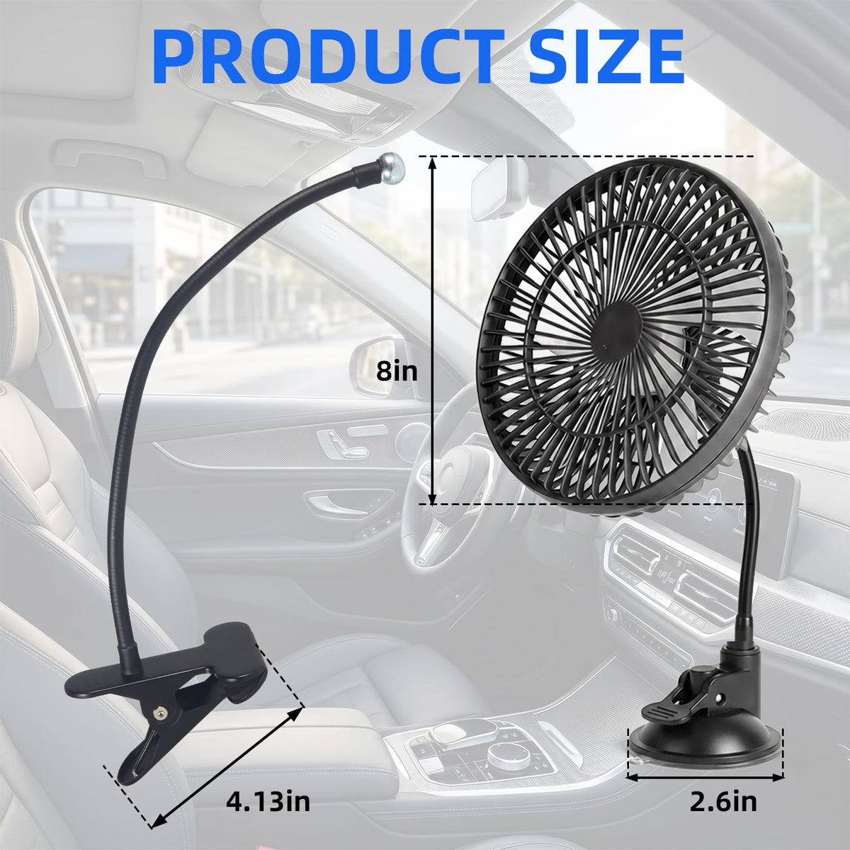 8 Inch Portable Car Fan,12V/24V Universal Electric Vehicle Fan with Stepless Speed Control 2-in-1 Suction Cup & Clamp 360° Rotation for Car SUV RV Van Sedan