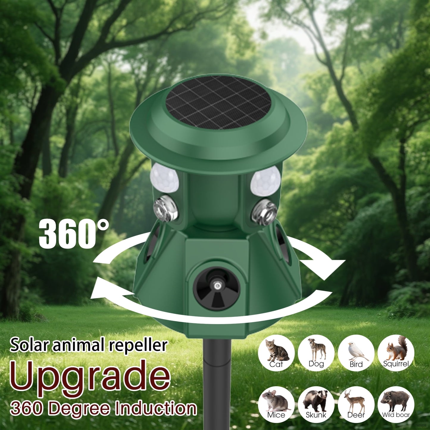 Solar Ultrasonic Animal Repeller, 360 All Round Cat Repellent Outdoor Motion Detection Animal Deterrent Devices for Skunk Squirrel Raccoon