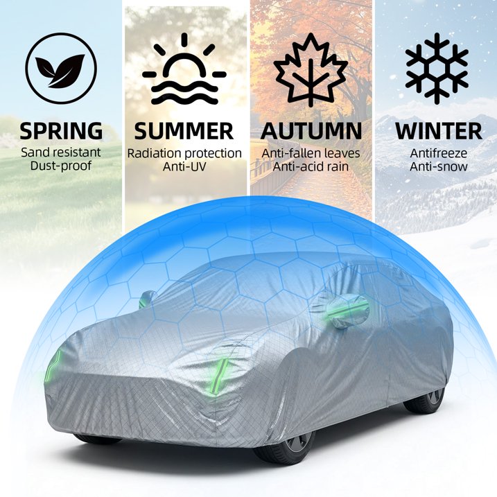Waterproof Car Cover All Weather Protection, Cotton Liner & Zipper Door Design, Windproof Outdoor UV/Rain/Snow Shield for Most Compact & Subcompact Sedans, Includes Storage Bag