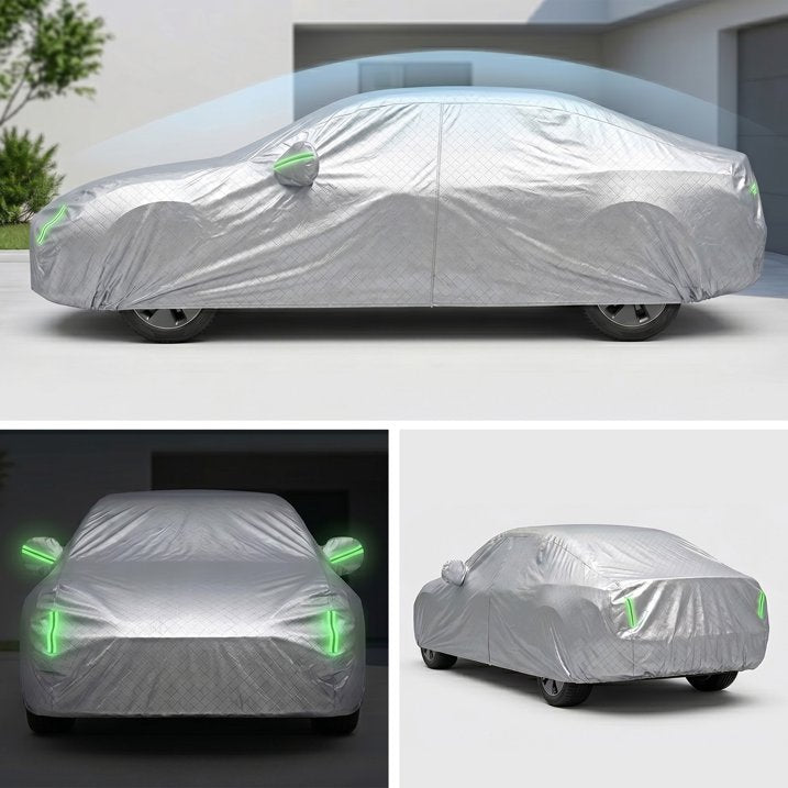 Waterproof Car Cover All Weather Protection, Cotton Liner & Zipper Door Design, Windproof Outdoor UV/Rain/Snow Shield for Most Compact & Subcompact Sedans, Includes Storage Bag