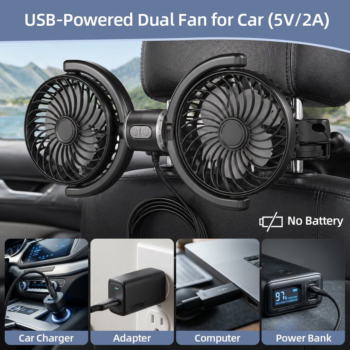 Dual Head USB Car Seat Fan,270° Rotatable 3 Speeds Air Circulation Fans with Adjustable Clip Suitable for Rear Seat Passenger and Pets for SUV RV Vehicles