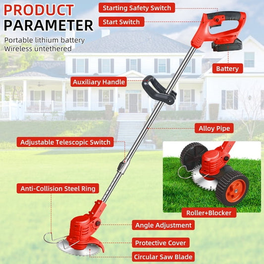 JahyElec 21V Cordless Weed Wacker with Wheels, 3-in-1 String Trimmer/Lawn Edger/Brush Cutter 2 Battery & 3 Types Blades Adjustable Height Lightweight & Easy for Thick Weeds & Small Yards – Homeowner