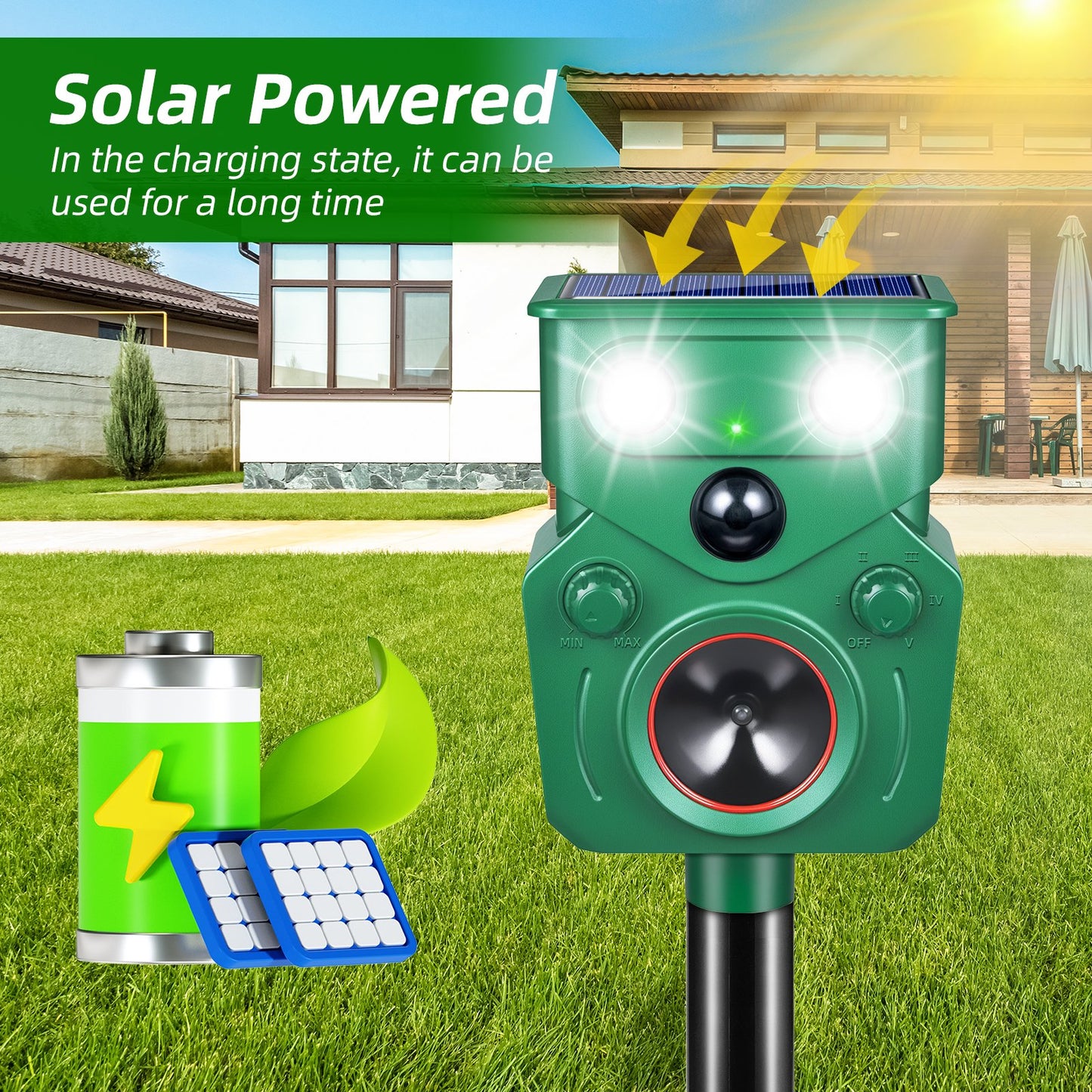 Ultrasonic Animal Repeller, Solar Powered Cat Repellent Outdoor with Motion Sensor Waterproof Deer Repellent Devices with LED Flash Light