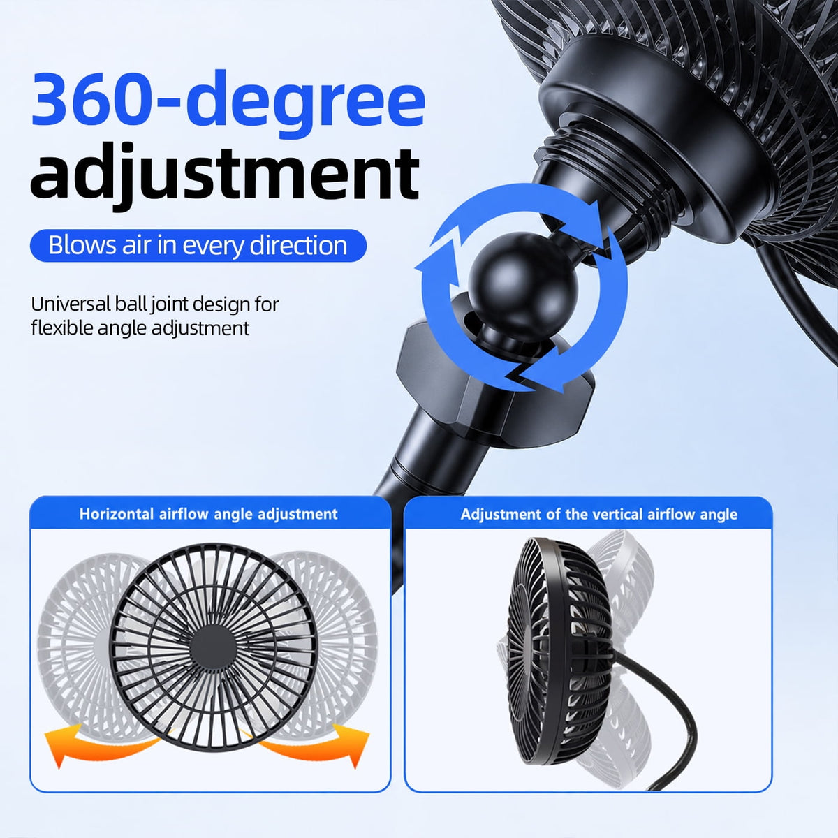 8 Inch Portable Car Fan,12V/24V Universal Electric Vehicle Fan with Stepless Speed Control 2-in-1 Suction Cup & Clamp 360° Rotation for Car SUV RV Van Sedan