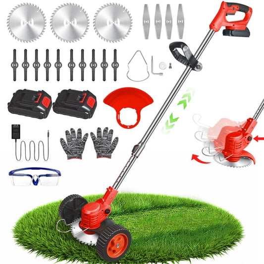 JahyElec 21V Cordless Weed Wacker with Wheels, 3-in-1 String Trimmer/Lawn Edger/Brush Cutter 2 Battery & 3 Types Blades Adjustable Height Lightweight & Easy for Thick Weeds & Small Yards – Homeowner