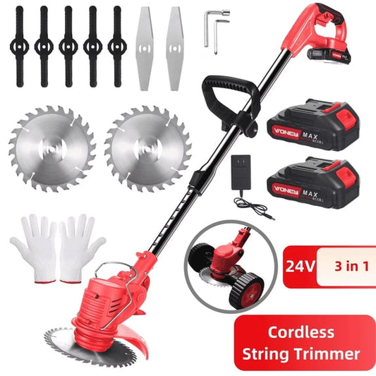 JahyElec Electric Cordless Mower with 2 Batteries - Weedeaters Cordless Brush Cutter Edger Lawn String Trimmer with 3 Types Blades for Yard Garden Lawn Care