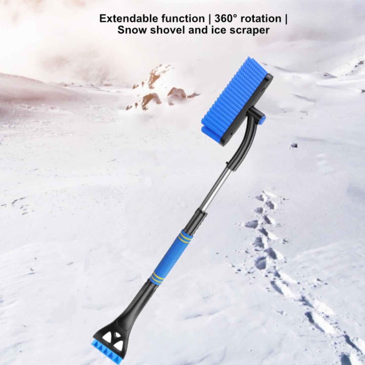 Extendable Ice Scraper Snow Brush，360° Pivoting Snow Scraper with Squeegee Foam Grip Emergency Snow Shovel for Car