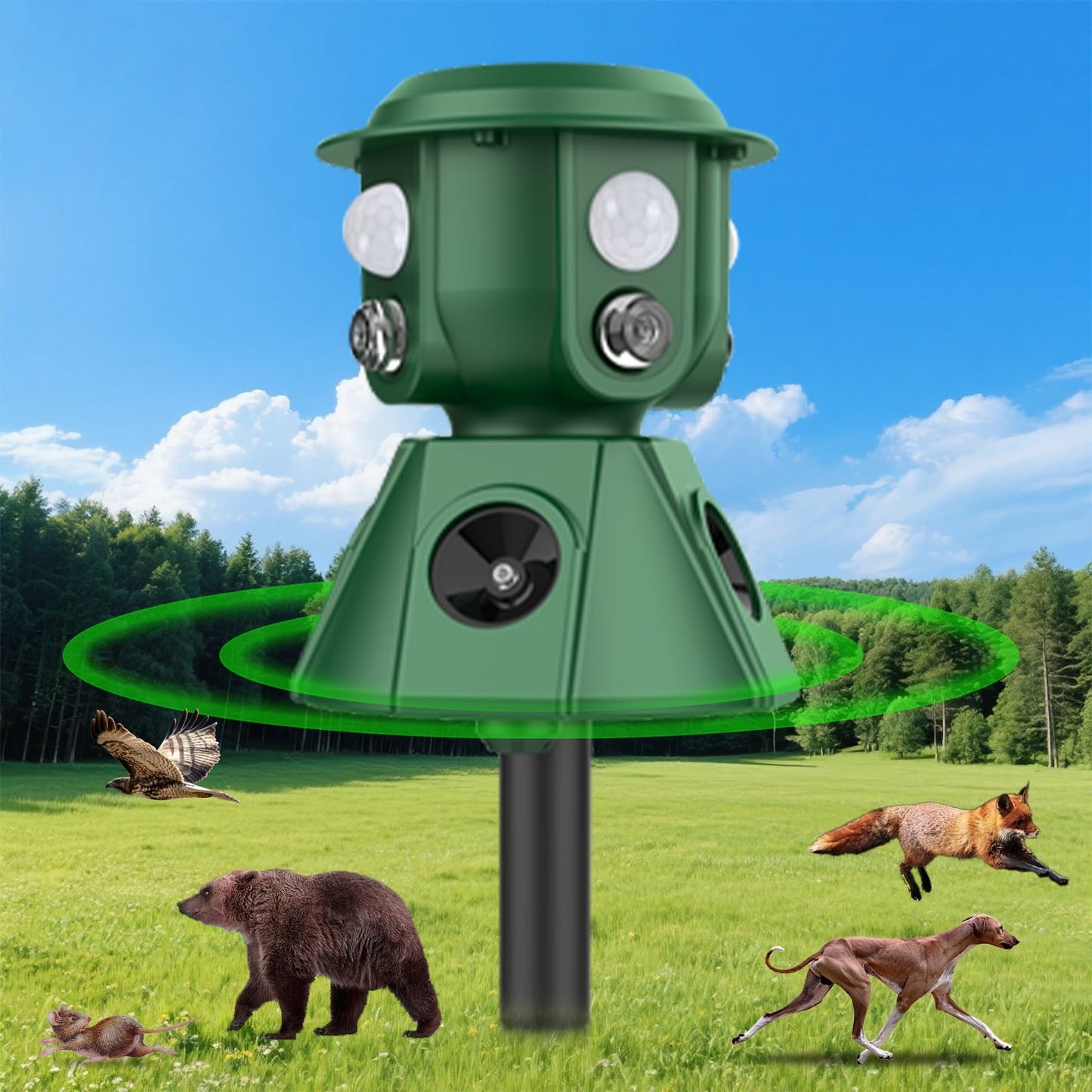 Solar Ultrasonic Animal Repeller, 360 All Round Cat Repellent Outdoor Motion Detection Animal Deterrent Devices for Skunk Squirrel Raccoon