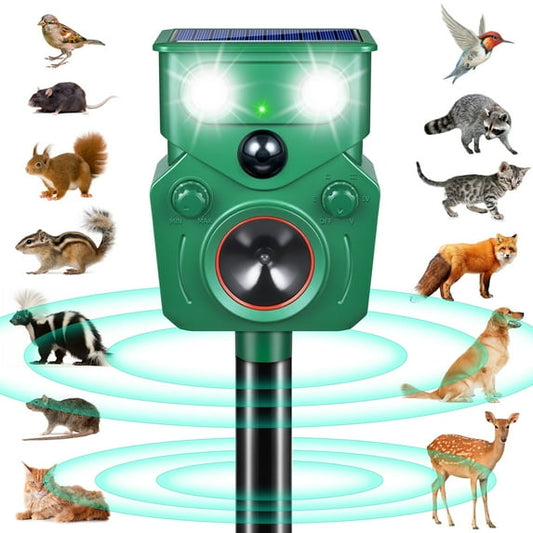 Ultrasonic Animal Repeller, Solar Powered Cat Repellent Outdoor with Motion Sensor Waterproof Deer Repellent Devices with LED Flash Light