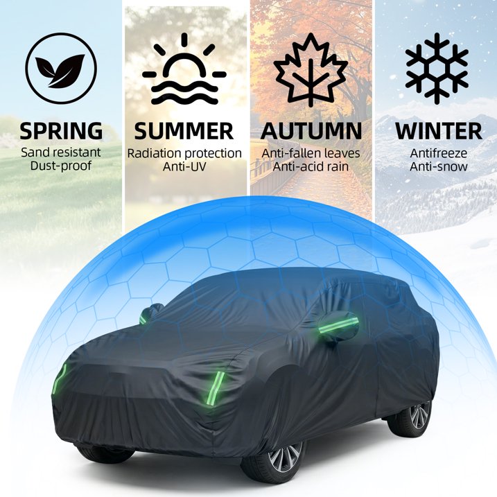 Waterproof SUV Car Cover All Weather, Heavy Duty Outdoor Protection with Cotton Liner & Zipper Door, UV/Snow/Rain Resistant for Compact to Mid-Size SUVs (Includes Storage Bag)