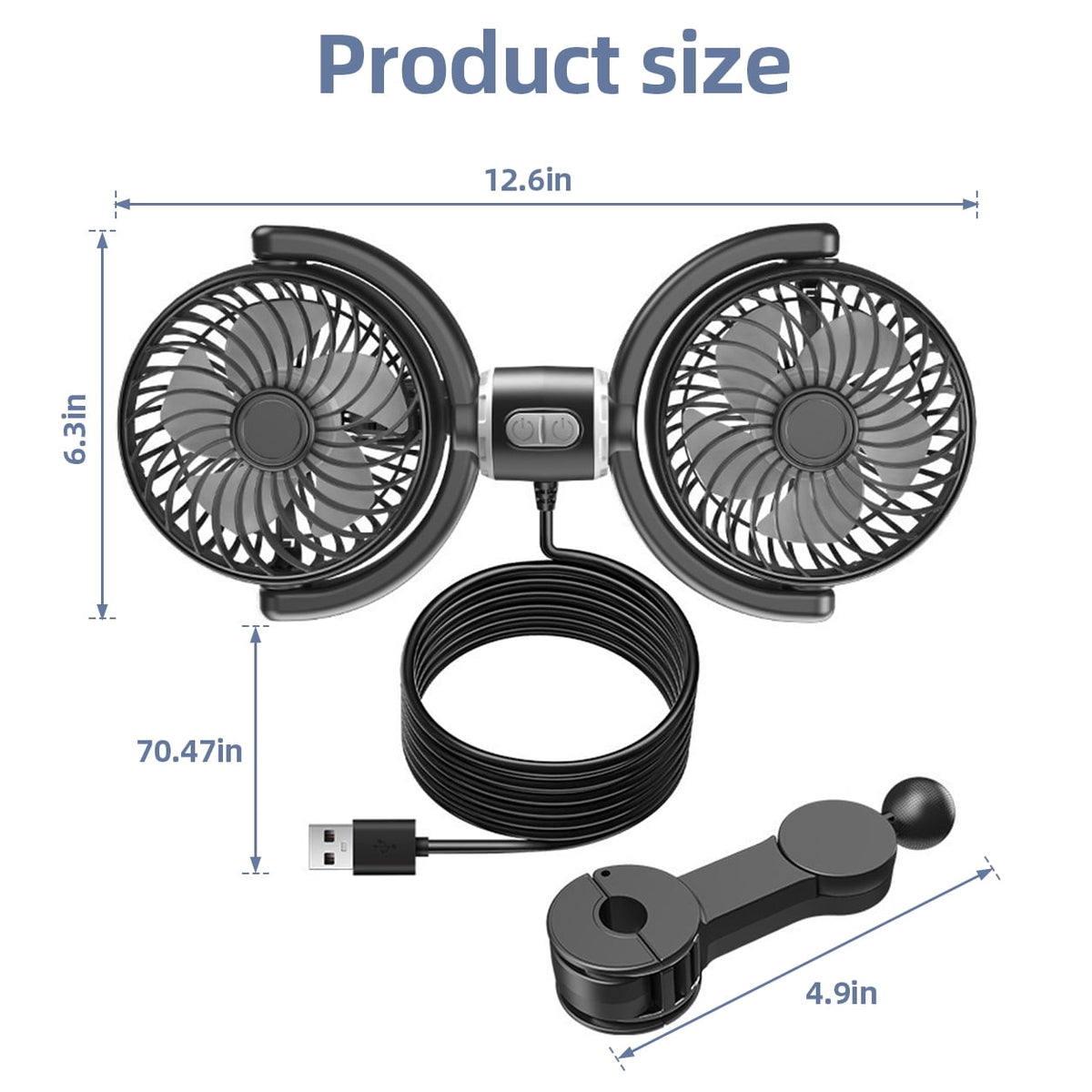 Dual Head USB Car Seat Fan,270° Rotatable 3 Speeds Air Circulation Fans with Adjustable Clip Suitable for Rear Seat Passenger and Pets for SUV RV Vehicles