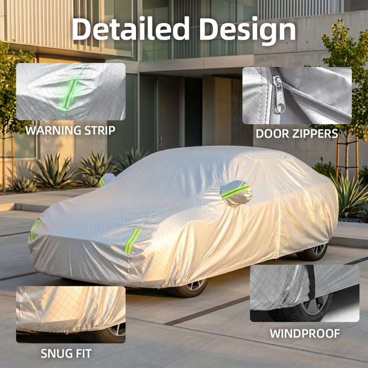 Waterproof Car Cover All Weather Protection, Cotton Liner & Zipper Door Design, Windproof Outdoor UV/Rain/Snow Shield for Most Compact & Subcompact Sedans, Includes Storage Bag