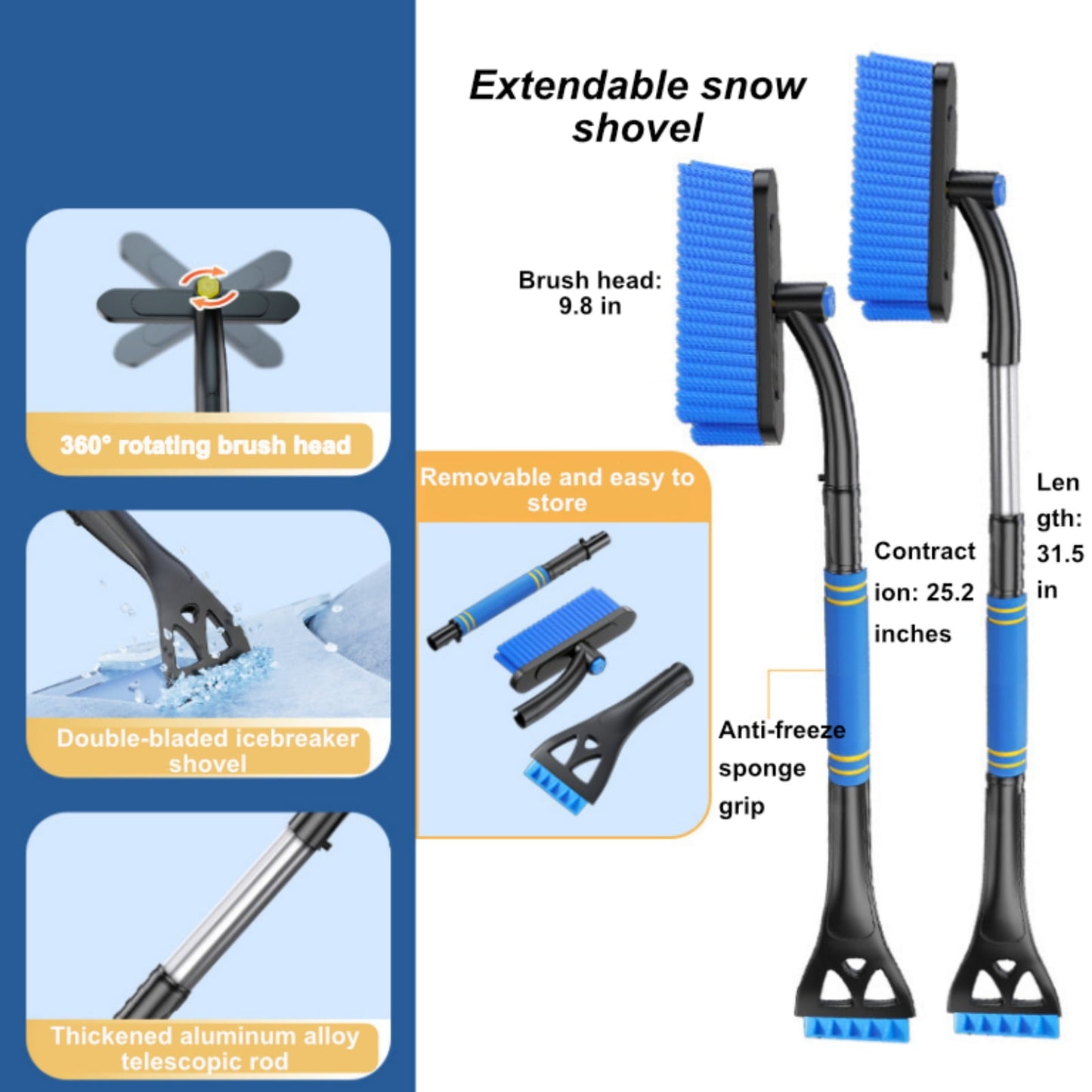 Extendable Ice Scraper Snow Brush，360° Pivoting Snow Scraper with Squeegee Foam Grip Emergency Snow Shovel for Car