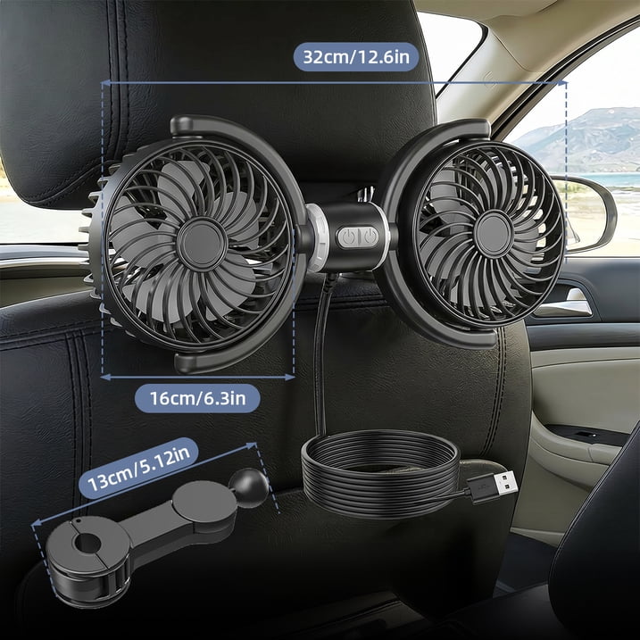 Dual Head USB Car Seat Fan,270° Rotatable 3 Speeds Air Circulation Fans with Adjustable Clip Suitable for Rear Seat Passenger and Pets for SUV RV Vehicles