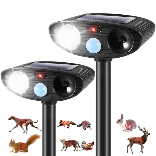 2Pack Solar Ultrasonic Animal Repellent Outdoor Cat Deterrent Solar Animal Repeller with Motion Sensor&LED Strobe Light Deer Repellent to Scare Squirrel Dog Bird Rabbit Skunk Repellent for Yard