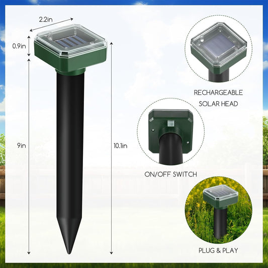 4Pack Mole Repellent Solar Powered Vole Repellent Outdoor Gopher Repeller Ultrasonic for Lawn Garden,Waterproof Sonic Mole Spikes,Get Rid of Moles Remover Groundhog Chipmunk